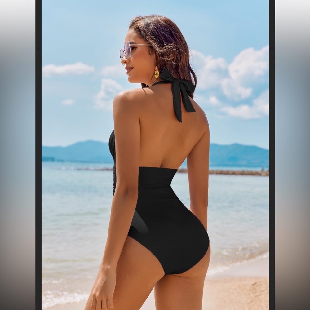 AI'MAGE Womens Halter One Piece Swimsuits Deep V Neck Tummy Control Black XL NWT - Picture 3 of 16